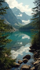 Poster - Scenic Alpine Lake Reflecting Mountains and Sky Framed by Evergreens for Nature Themes