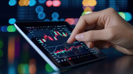 Poster - Hand using tablet with stock market data and colorful background