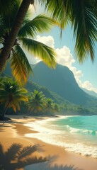 Aufkleber - Lush tropical beach paradise with turquoise water, palm trees, and a backdrop of forested mountains