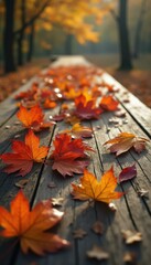 Poster - Autumnal Splendor: Fallen Maple Leaves on a Wooden Picnic Table in a Blurred Park Scene