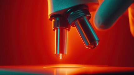 Poster - Close-up of microscope lens in vibrant red lighting effect