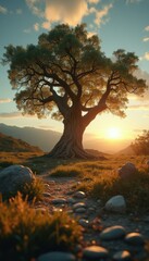 Poster - Majestic old tree bathed in golden light at sunset in a serene landscape scene