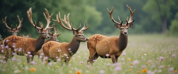 Poster - Magnificent herd of spotted deer with large antlers grazing in a lush meadow filled with colorful wildflowers