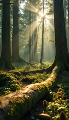 Poster - Sunlight Filtering Through a Lush Forest, Moss-Covered Logs and Towering Trees Create a Tranquil Scene, Natural Light and Serene Atmosphere