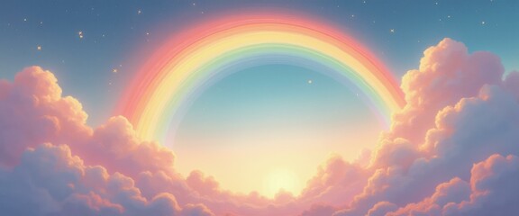 Poster - Whimsical Rainbow Sky with Pastel Clouds and Golden Star Accents: A Dreamy and Inspirational Scene