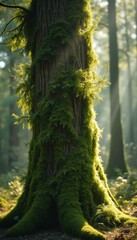 Poster - Moss-Covered Tree Trunk in a Sunlit Forest - Intricate Detail, Lush Greenery, and Atmospheric Woodland Scene