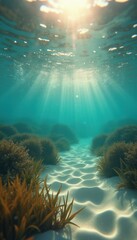 Leinwandbilder - Sunlight filters through turquoise water illuminating a sandy seabed path, framed by aquatic plants and small shrubbery