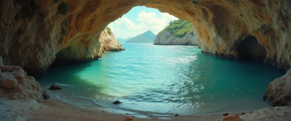 Aufkleber - Serene Turquoise Lagoon Surrounded by Cliffs and a Cave Opening