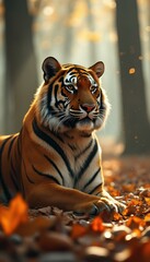 Poster - Regal Tiger Resting in an Autumn Forest Sunlight