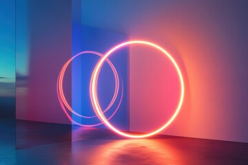 Poster - Vivid neon circle effects illuminate abstract white shapes in modern art display, neon circle over white shapes moving