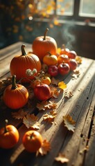 Poster - Rustic Autumn Harvest: Pumpkins, Apples, and Maple Leaves on a Wooden Table in Sunlight