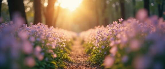 Poster - Lavender flowers line a path in a sunlit meadow, creating a tranquil and picturesque scene, capturing the essence of spring with a