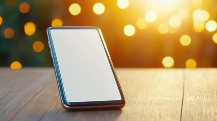 Poster - Modern smartphone display on wooden table with glowing background