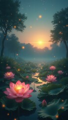 Poster - Serene Lotus Pond at Sunset: Pink Blossoms and Fireflies Illuminate a Misty Forest