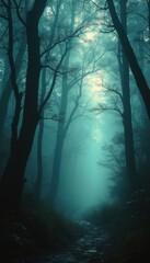Poster - Enigmatic Forest Path: Fog-Shrouded Trail Amidst Tall Trees, Mysterious Atmosphere, and Ethereal Light