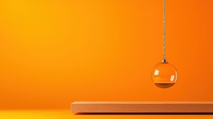 Poster - Hanging glass orb suspended over minimalistic wooden surface