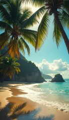 Poster - Lush Tropical Beach with Palm Trees, Turquoise Water, and Dramatic Cliffs on a Sunny Day
