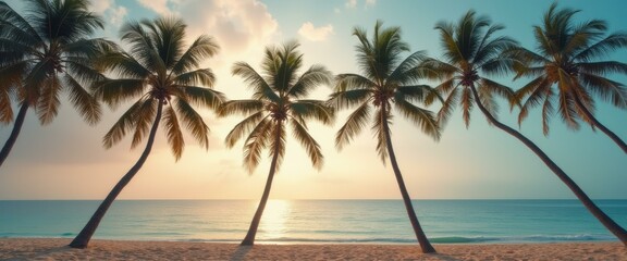 Poster - Tropical beach at sunset with palm trees, golden light, tranquil ocean, peaceful scenery and turquoise water