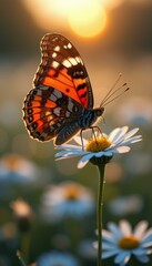 Poster - Butterfly Resting on Daisy Flower in Golden Sunlight