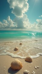 Poster - Seashells on a tranquil beach with turquoise water and soft white sand under a sunny sky with puffy clouds