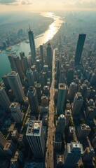 Poster - Dense urban cityscape aerial view with towering skyscrapers and a river reflecting sunlight, creating a vibrant and imposing scene