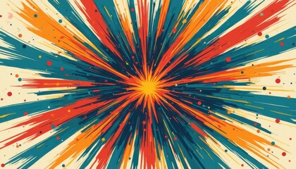 Leinwandbilder - Explosive Burst: Vibrant Abstract Illustration with Dynamic Radial Lines in Teal, Orange, and Red on Pale Background