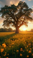 Poster - Golden Field at Sunset: Solitary Oak Tree Silhouette in a Meadow of Yellow Wildflowers