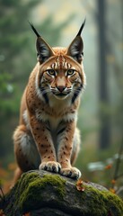 Aufkleber - Focused Lynx Perched on Mossy Rock in Misty Forest Environment