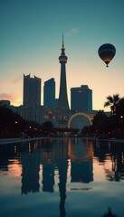 Poster - Evening cityscape reflected in water features tower, modern architecture, observation wheel, and hot air balloon illuminate the evening sky