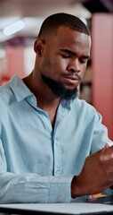 Poster - Frustrated man, student or paper with stress at library for project, assessment or university assignment. Male person, academic learner or anxiety with difficult essay, thesis or examination for test