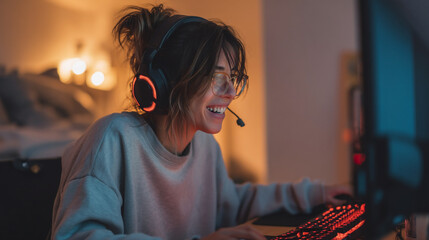 Poster - Woman gamer playing video games online with headset and keyboard for esports tournament and streaming live