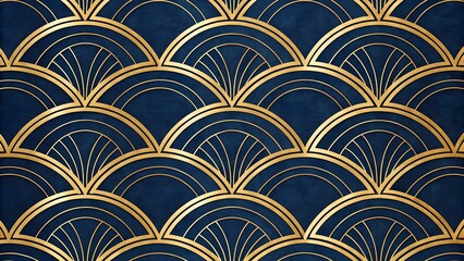 Poster - Elegant art deco navy blue and gold fan scales pattern, a luxurious design reminiscent of the roaring twenties.