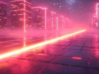 Poster - Futuristic neon grid with laser lines extending towards a glowing digital horizon