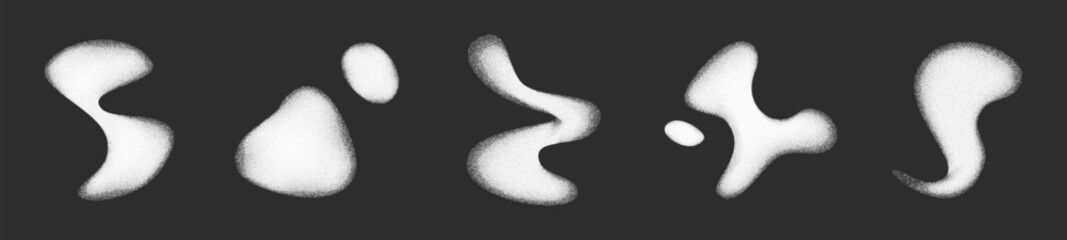 Poster - Abstract white grainy shapes set isolated on black background. Vector realistic illustration of monochrome wavy spray paint stain, stroke, spill with noise texture, y2k icons for retro banner design