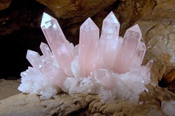 Poster - A cluster of glowing crystals in a dark cave, reflecting light in every direction