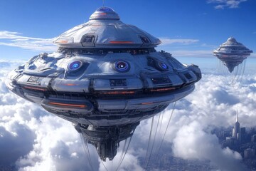 Poster - A floating skyscraper tethered by massive cables, hovering above a futuristic city