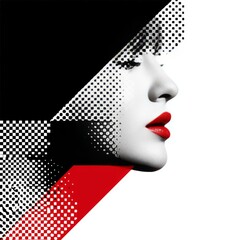 Poster - Abstract Portrait: A Woman's Profile in Geometric Contrast with Bold Red Lips and Dotted Patterns, Striking and Artistic.