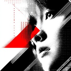 Poster - Abstract Portrait in Red, White, and Black with Geometric and Halftone Elements