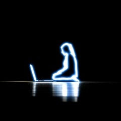 Poster - Glow in the Dark: Digital Woman Using Laptop with Neon Silhouette on a Shiny Surface, Creating a Futuristic and Modern Scene