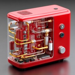 Poster - Red Futuristic Device with Visible Circuitry and Golden Pipes on a Gray Background - Intricate Engineering