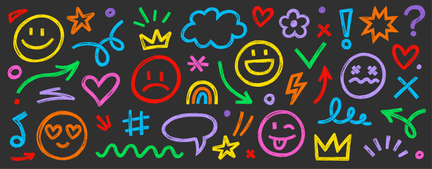 Aufkleber - Smile brush hand drawn vector element set. Emoji fun face, heart, crown symbol crayon texture marker background kid sketch style hand drawn element. Scribble shape, smiley face. Vector illustration