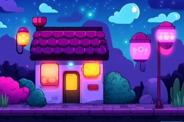 Poster - A retro 8-bit duplex glowing in a cyberpunk city, with pixelated neon lights and futuristic signs