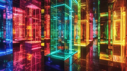 Fototapete - A surreal landscape of floating neon cubes, infinite reflections creating a hall of endless possibilities.