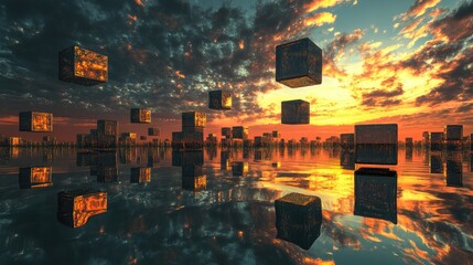 Fototapete - A surreal landscape of floating neon cubes, infinite reflections creating a hall of endless possibilities.