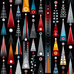 Poster - Abstract Geometric Christmas Tree Pattern in Red Blue and Gray