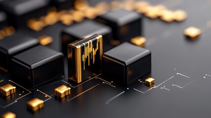 Fototapete - Elegant black-and-gold stock market chart printout on an immaculately white background.