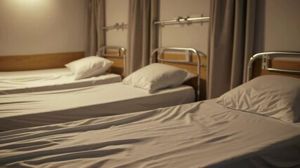 Aufkleber - Hospital beds lying vacant in darkened medical facility, signaling healthcare system readiness during potential disease outbreak and pandemic emergency