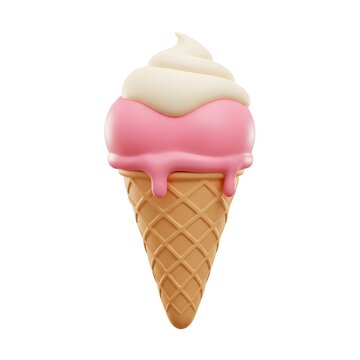 Delicious strawberry and vanilla ice cream cone with a sweet taste, 3D rendering