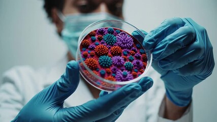 Poster - Medical researcher wearing mask and gloves carefully examining petri dish containing colorful 3d model of virus, conducting research for vaccine development