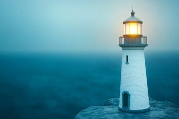 Poster - A minimalist lighthouse glowing in a foggy landscape, with only subtle light details